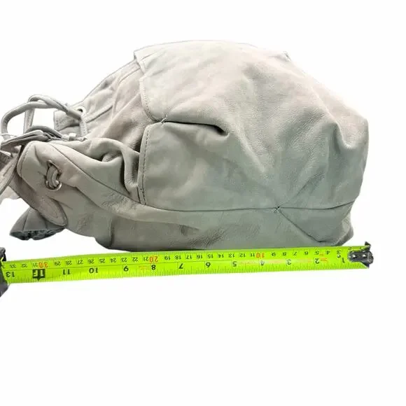 Ann Taylor LOFT Gray Leather Drawstring Shoulder Bag Tassel Slouchy Tote - Picture 9 of 13